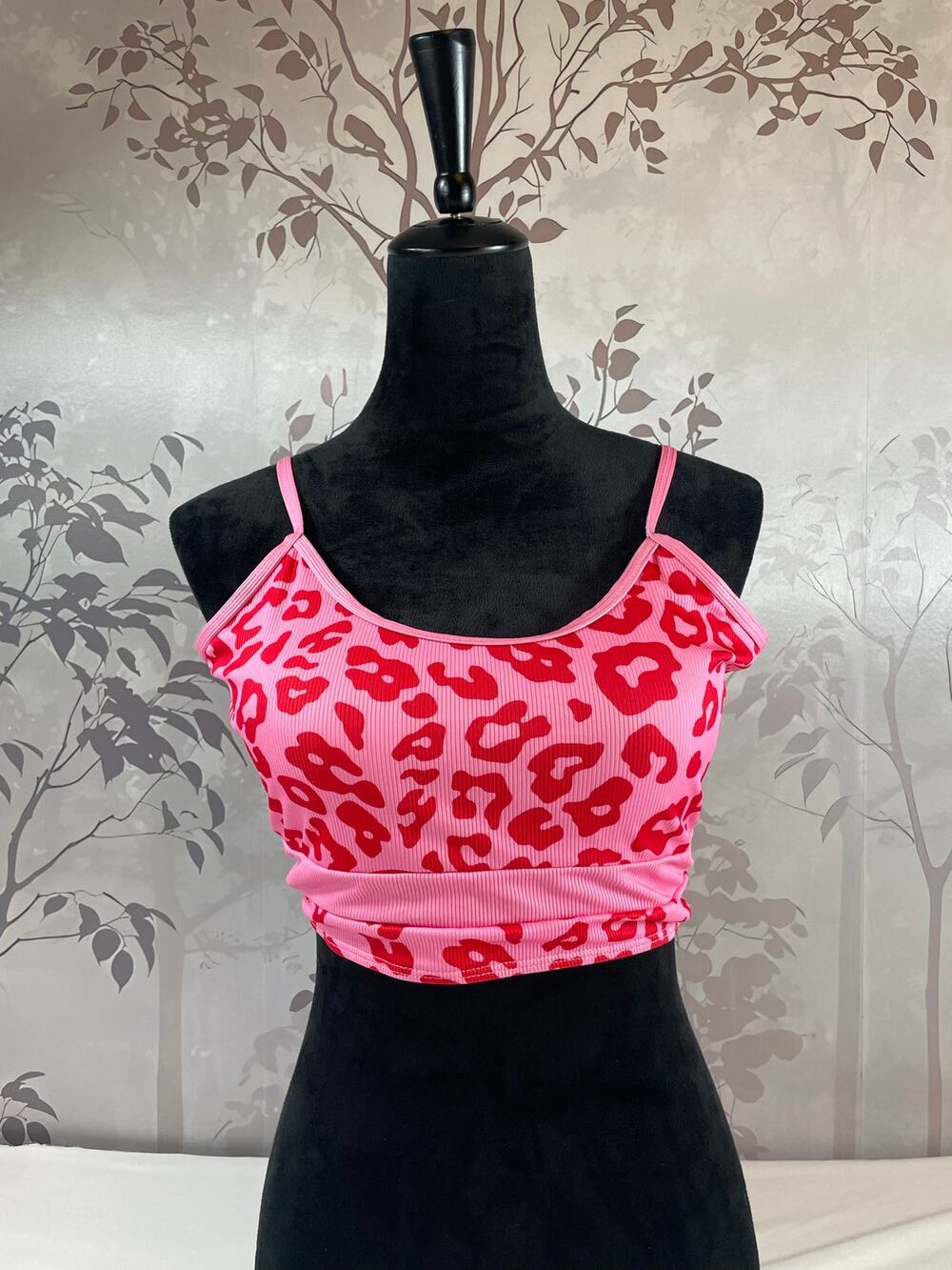SHEIN Pink Leopard Print Ribbed Crop Top 2XL Bralette Spaghetti Strap Tank Y2K